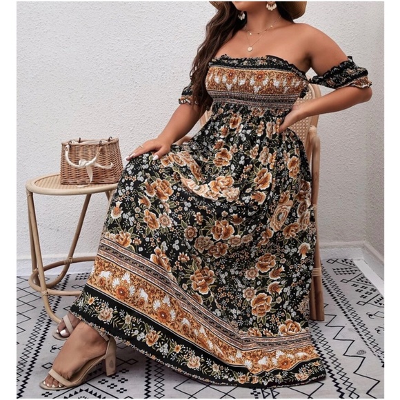 BellanBlue Dresses & Skirts - Boho Plus Floral Print Off Shoulder Maxi Dress